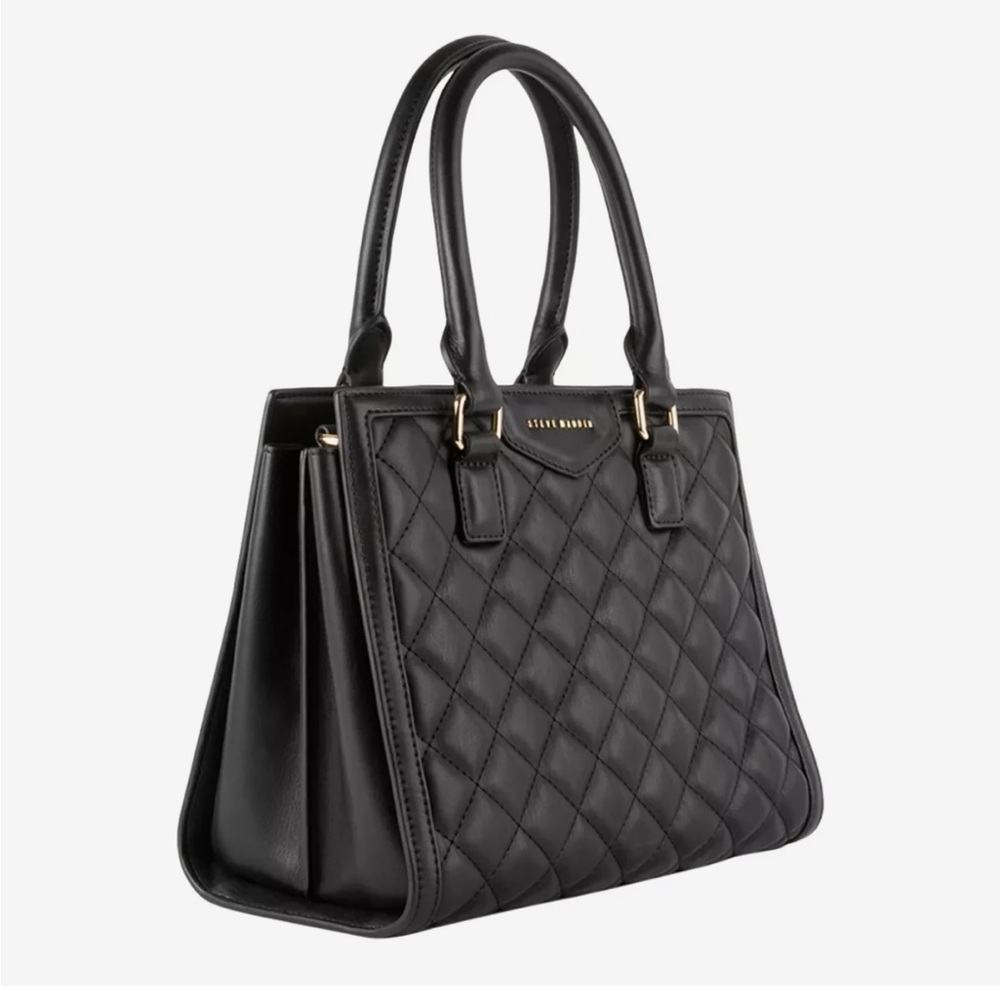 NWT STEVE MADDEN Bvida Black Quilted Satchel Bag w/ detachable gold chain handle